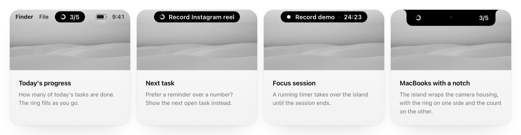 Four Tidy Day islands: today's progress, next task, a focus timer and the notch version.